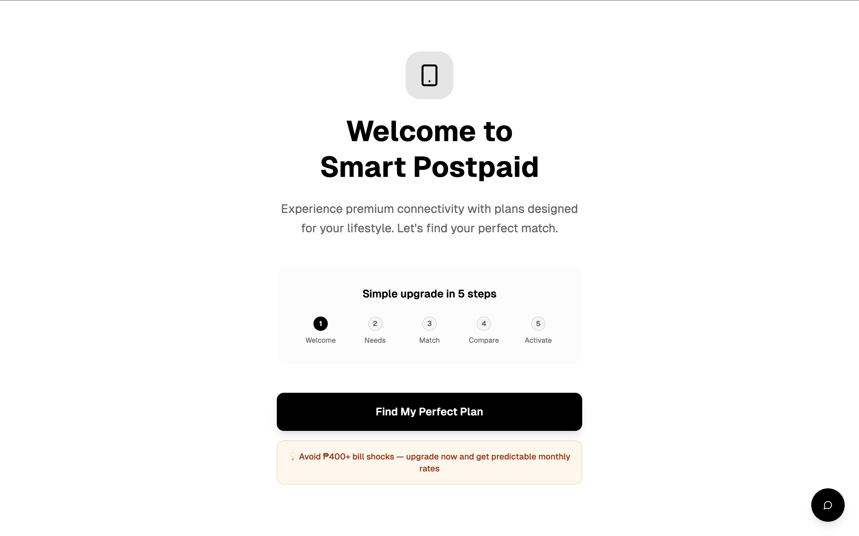 Simplified onboarding screen for Smart Postpaid with clear call-to-action buttons