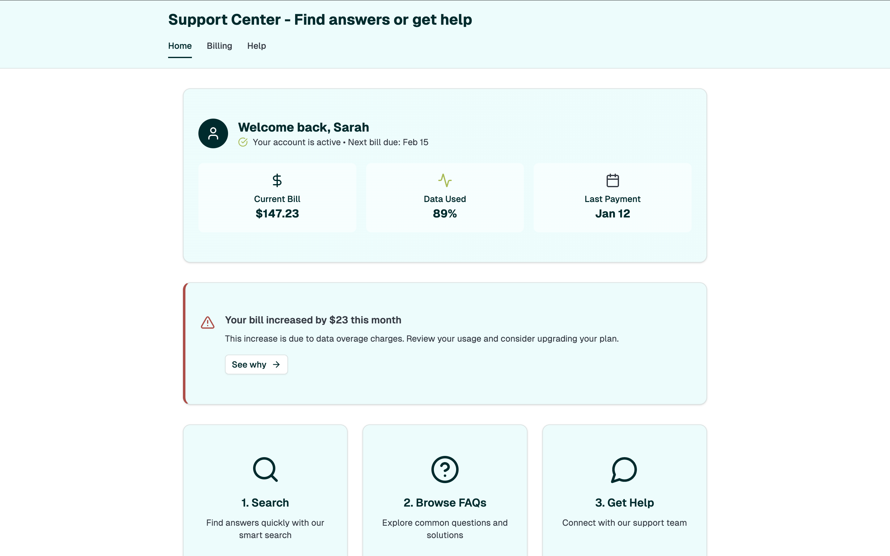 Support Center Dashboard showing personalized account overview with billing information and data usage alerts